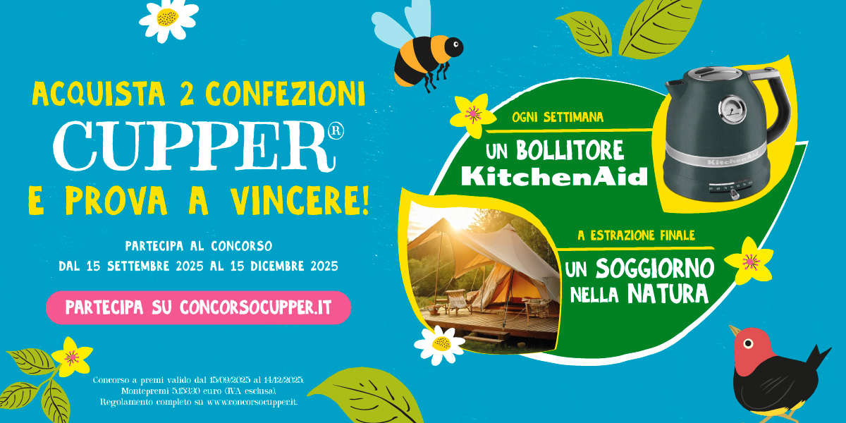 Dal 15 settembre al 14 dicembre 2025 partecipa al concorso Instant Win di Cupper: acquistando due prodotti puoi vincere ogni settimana un bollitore KitchenAid e concorrere al superpremio, un soggiorno nella natura da 2.500 €!